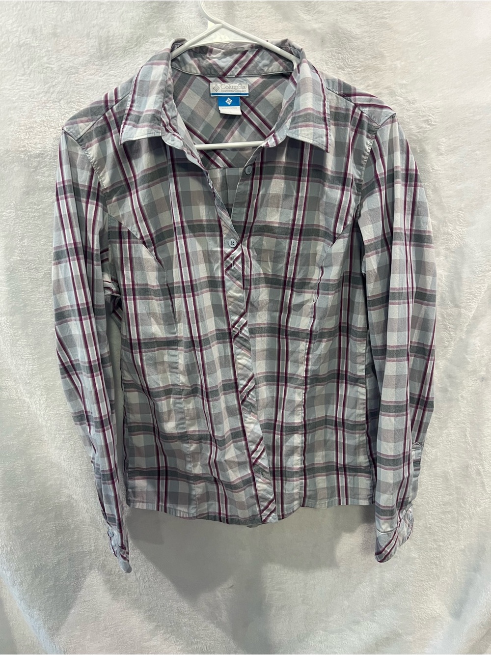 Columbia Men's Gray and Burgundy Plaid Long Sleeve Shirt